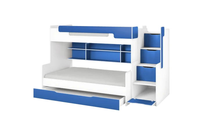 Blau-weißes Etagenbett für Kinder mit Treppenaufstieg, integrierten Schubfächern und Ausziehschublade.