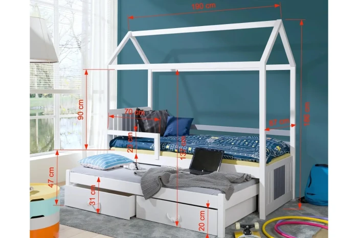 Detaillierte Maße für das weiße Kinder-Hausbett inklusive Ausziehbett und Schubladen.