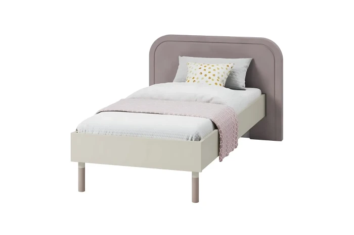 Modernes Einzelbett für Kinder mit rosa Kopfteil und weißem Bettgestell auf weißem Hintergrund.