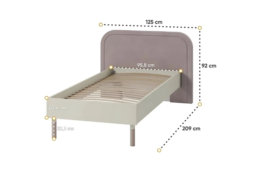 Detaillierte Maßangaben und Abmessungen für das moderne Kinderbett-Gestell.