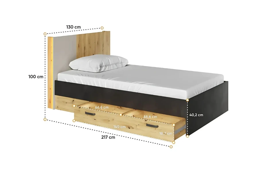 Detaillierte Maße für das Jugendbett: 130x217 cm mit Angabe der Schubladengrößen und Kopfteilhöhe.