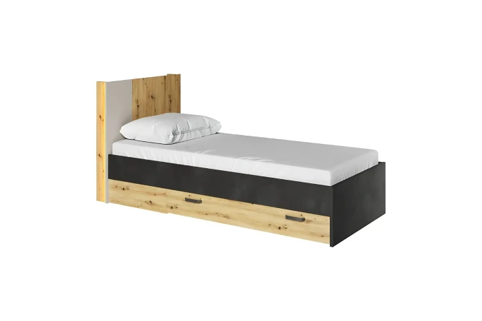 Modernes Einzelbett in Anthrazit und Eiche-Optik mit integrierten Schubladen und Kopfteil.