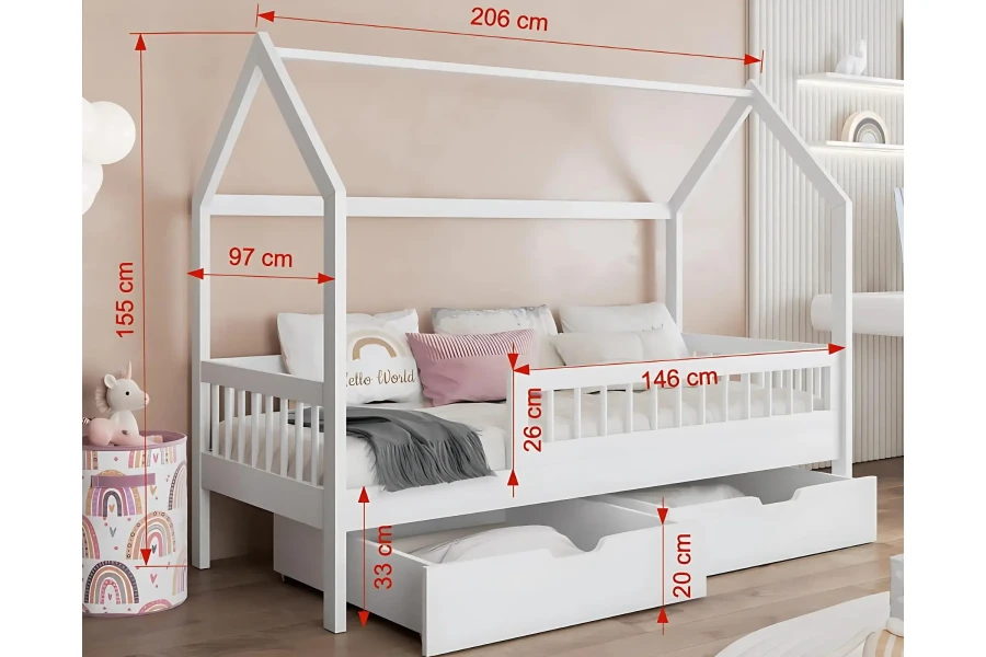 Technische Zeichnung mit Abmessungen des weißen Hausbetts für das Kinderzimmer.