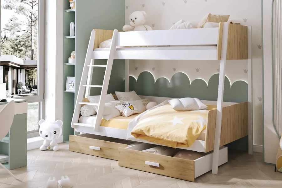 Modernes Etagenbett in Weiß und Holzoptik für das Kinderzimmer mit zwei Schubladen.