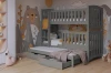 Modernes graues Etagenbett mit Ausziehfunktion und Stauraumschubladen für das Kinderzimmer.
