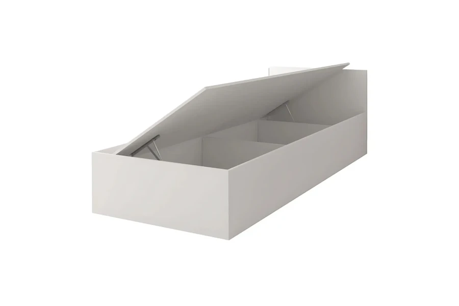 Weißes Bettgestell mit aufklappbarem Bettkasten für extra Stauraum im Schlafzimmer.