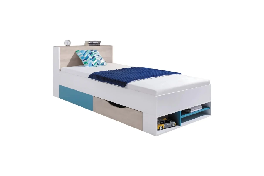 Weiß-blaues Funktionsbett für Kinder mit Stauraum-Schubladen und Regalen.