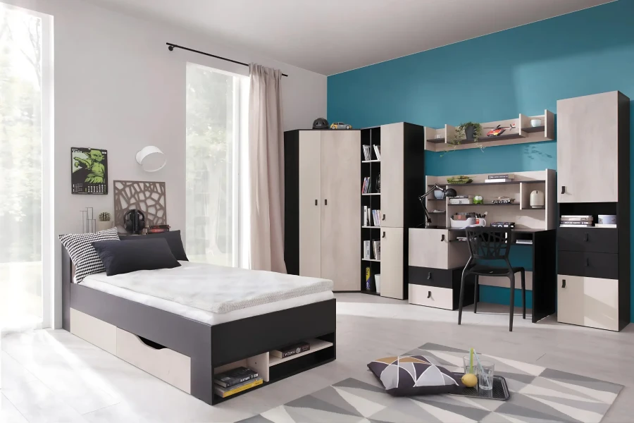 Komplettes Jugendzimmer-Set in Anthrazit und Eiche mit Schreibtisch und Bett.