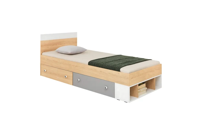 Modernes Jugendbett in Eiche-Optik mit grauen Schubladen und Stauraum.