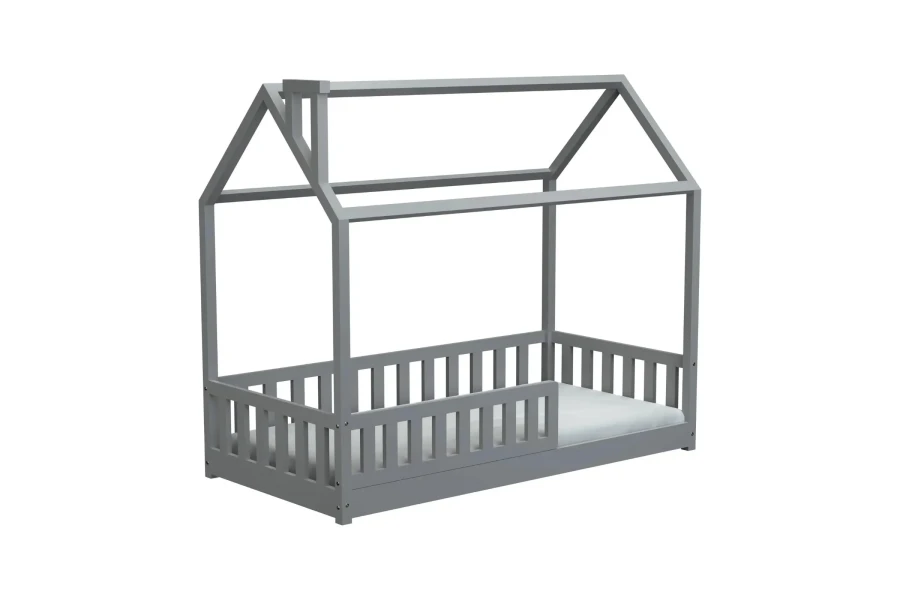 Graues Hausbett für Kinder aus Massivholz mit Rausfallschutz und Schornstein-Design.
