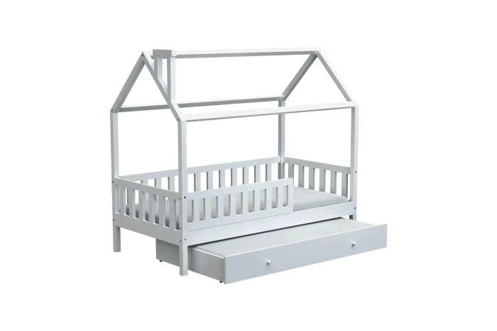 Weißes Kinder-Hausbett mit ausziehbarer Bettschublade auf weißem Hintergrund.