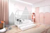 Modernes weißes Hausbett für Kinder mit Ausziehfunktion in einem stilvollen rosa-weißen Kinderzimmer.