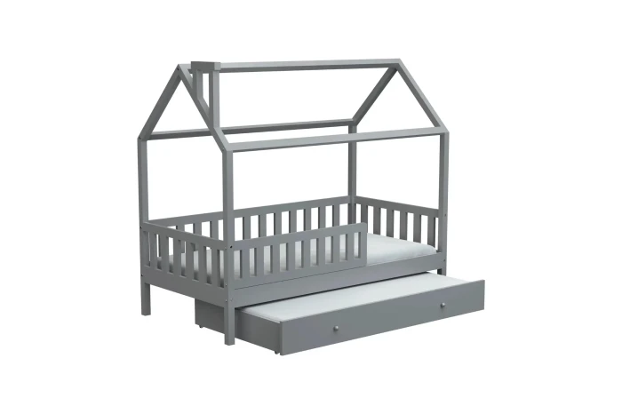 Modernes graues Kinderhausbett mit Ausziehbett für Gäste im Kinderzimmer.