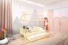 Tipi-Bett für Kinder mit zweiter Schlafebene und stilvoller Wandgestaltung in Pastellfarben.