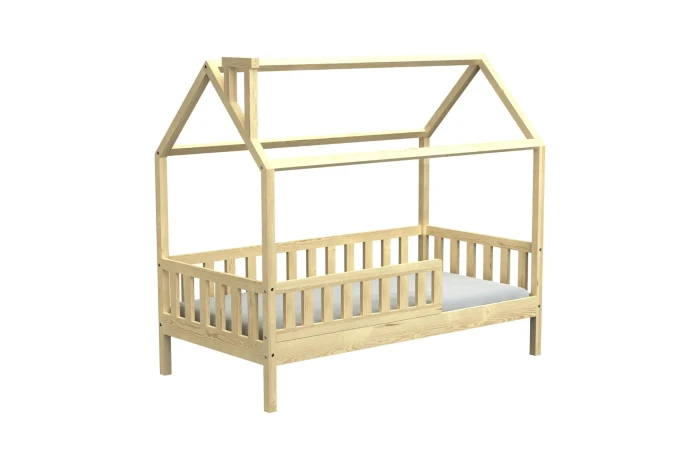 Kinder-Hausbett aus Kiefernholz inklusive Matratze und integriertem Sicherheitsgitter.