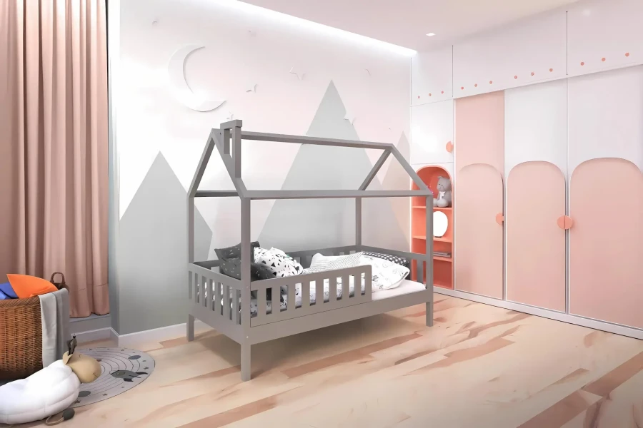 Graues Kinder-Hausbett in einem stilvollen Zimmer mit Berg-Wandmotiv und rosa Schrank.