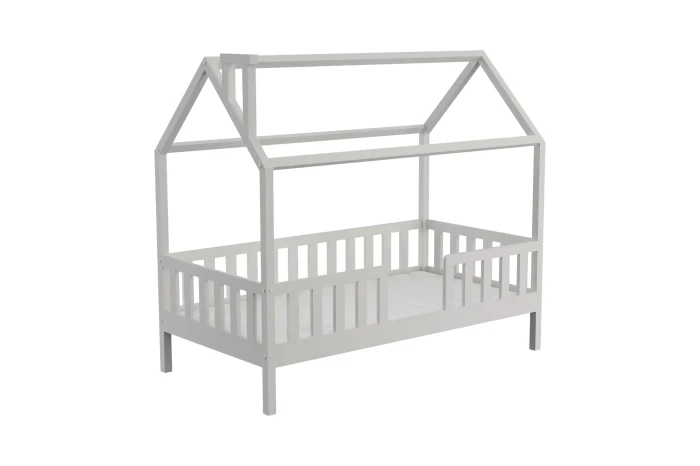 Weißes Hausbett aus Holz für Kinder mit Rausfallschutz, stabiles Kinderbett in Hausform ohne Matratze.