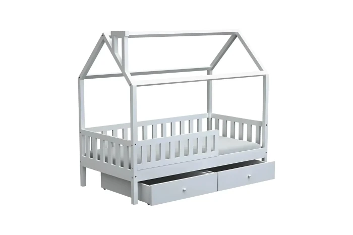 Weißes Hausbett für Kinder mit zwei Schubladen und Rausfallschutz auf weißem Hintergrund.