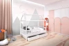 Modernes weißes Hausbett im Mädchenzimmer mit Bergwand-Dekor und großen rosa-weißen Schränken.