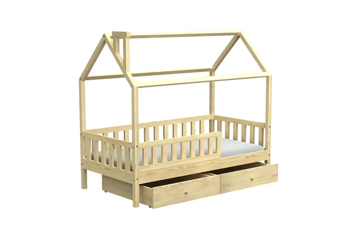 Klassisches Hausbett aus Kiefernholz natur mit Rausfallschutz und zwei praktischen Bettschubladen.