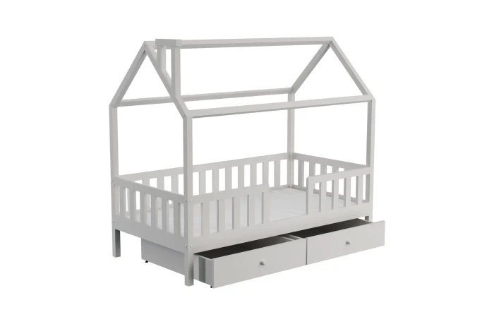 Weißes Hausbett für Kinder mit zwei praktischen Schubladen unter dem Bett.