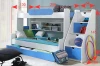 Maßangaben für das Kinderetagenbett in Weiß-Blau mit Treppe und Stauraum.