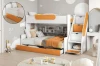 Modernes Kinderhochbett in Orange-Weiß mit funktionalen Treppenschubladen.