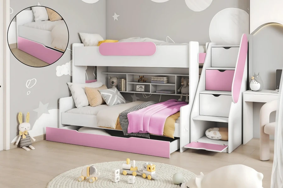 Rosa-weißes Hochbett für Mädchen im modern eingerichteten Kinderzimmer mit Treppenregal.