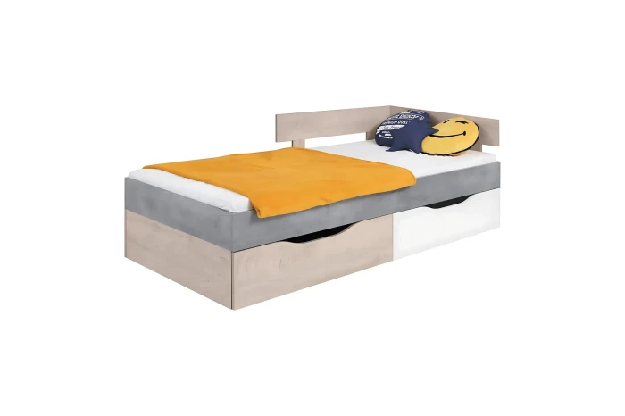 Kinderbett in Eichenoptik und Grau mit Bettkasten und fröhlichem Smiley-Kissen.