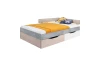 Modernes Jugendbett mit praktischen Stauraumschubladen in Grau und Holzoptik.