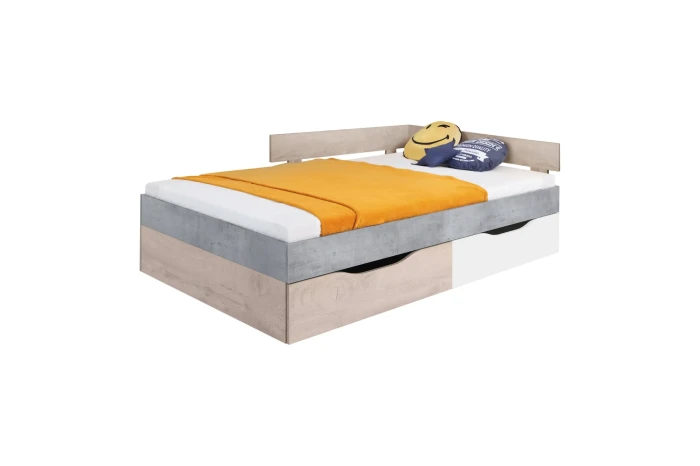 Modernes Jugendbett mit praktischen Stauraumschubladen in Grau und Holzoptik.