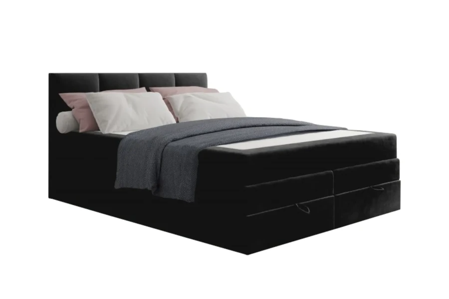 Elegantes Boxspringbett in Schwarz mit integrierten Schubladen für zusätzlichen Stauraum.