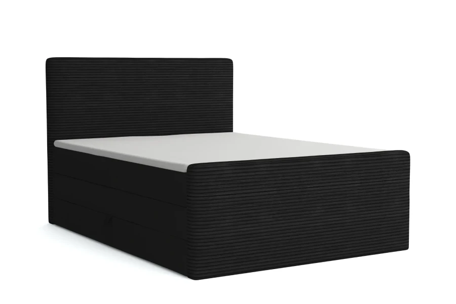 Schwarzes Boxspringbett mit horizontaler Cord-Struktur am Kopfteil.