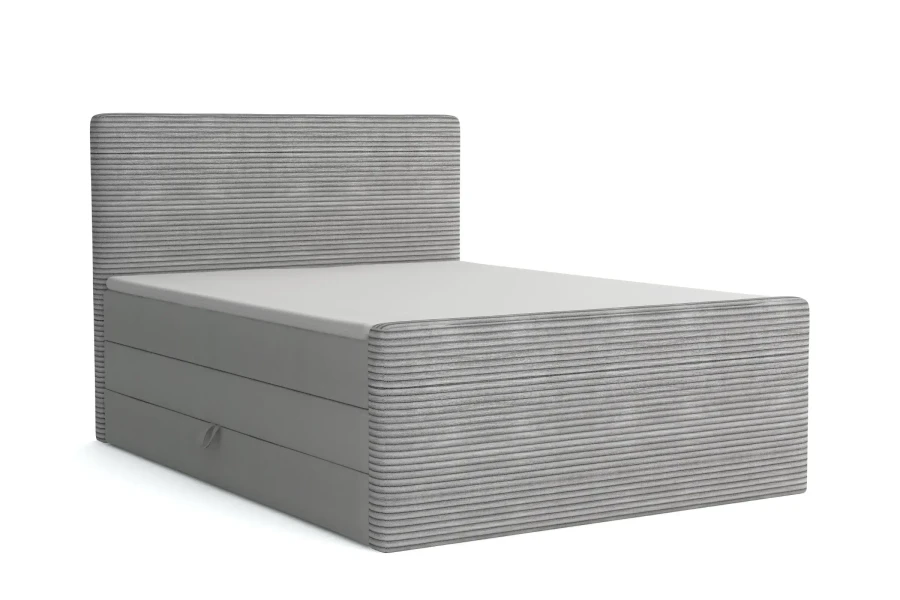 Graues Boxspringbett mit Kord-Bezug und gepolstertem Kopfteil für modernes Schlafzimmerdesign.
