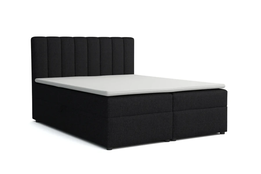 Schwarzes Boxspringbett mit Bettkasten und gestepptem Kopfteil