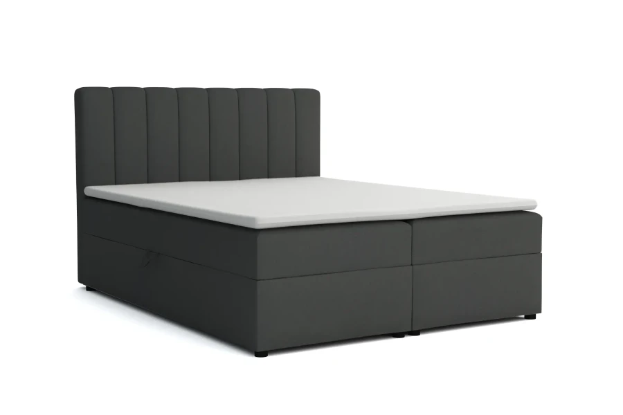 Dunkelgraues Boxspringbett mit Bettkasten und gestepptem Kopfteil