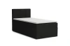 Schwarzes Boxspringbett mit gepolstertem Kopfteil und weißem Topper.