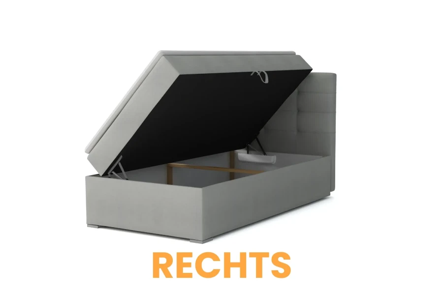 Graues Einzelbett mit seitlich nach rechts öffnendem Bettkasten.