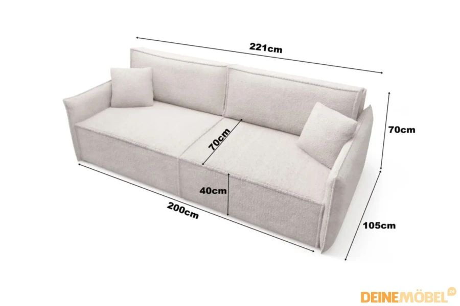 Maßskizze für das Sofa Lila: 221 cm Breite, 105 cm Tiefe und 70 cm Höhe.