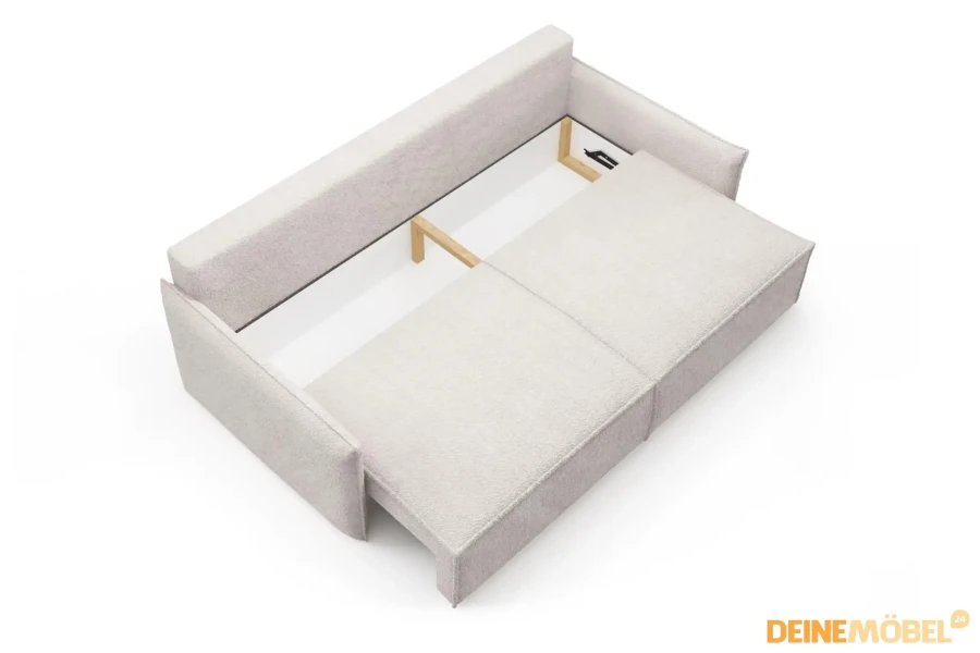 Funktionales Schlafsofa mit integriertem Bettkasten für praktischen Stauraum, Vogelperspektive.