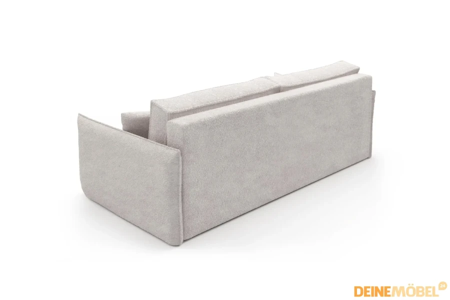 Rückansicht eines stilvollen Schlafsofas in hellem Bouclé-Stoff, minimalistisches Design.