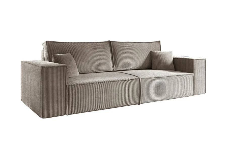 Modernes 3-Sitzer Cordsofa in Taupe, perspektivische Frontansicht.
