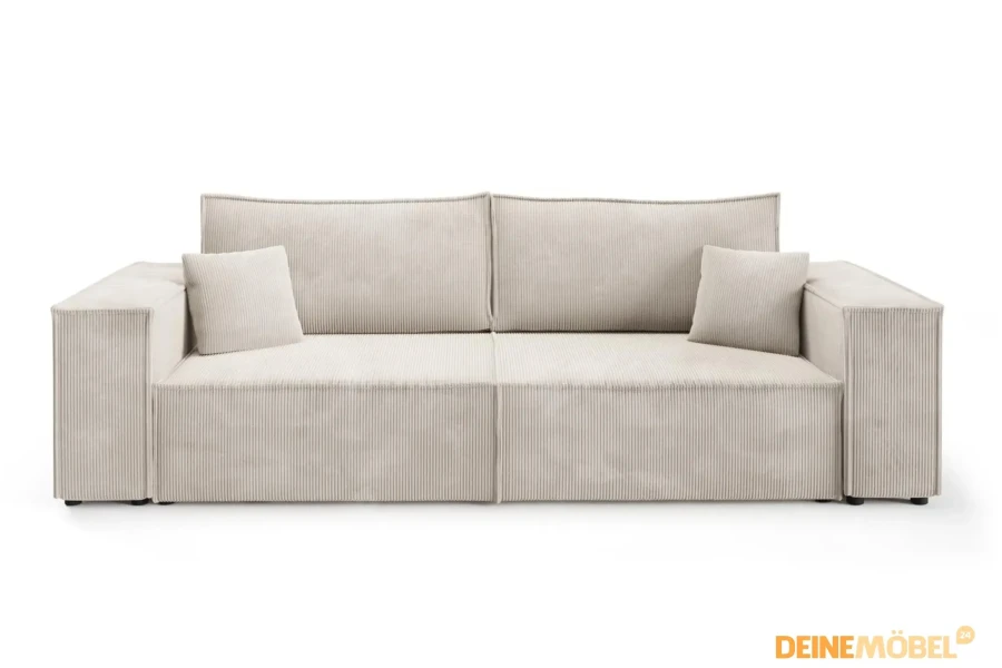 Hellbeige Frontalansicht eines modernen Cord-Sofas mit Kissen.