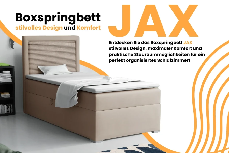 Stilvolles Boxspringbett JAX in Beige für maximalen Komfort und modernes Schlafzimmerdesign.