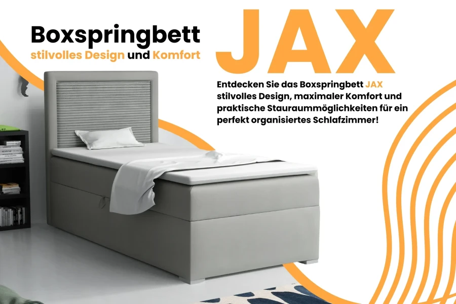 Hellgraues Boxspringbett JAX mit gepolstertem Kopfteil für ein modernes Schlafzimmer-Ambiente.