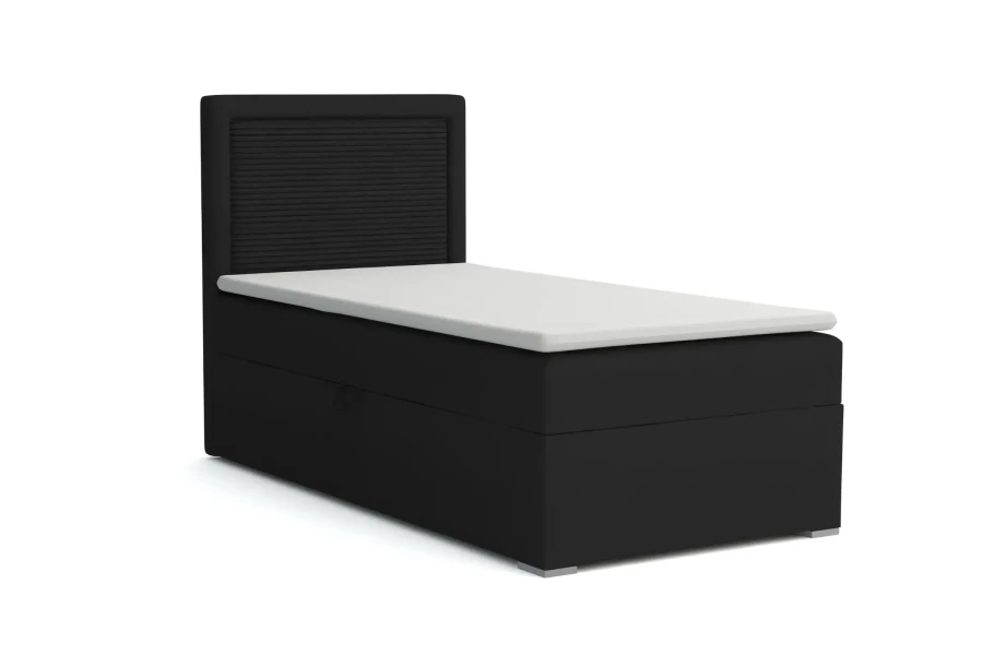 Einzelbett Boxspringbett in Schwarz mit hohem Kopfteil und weißer Matratze.