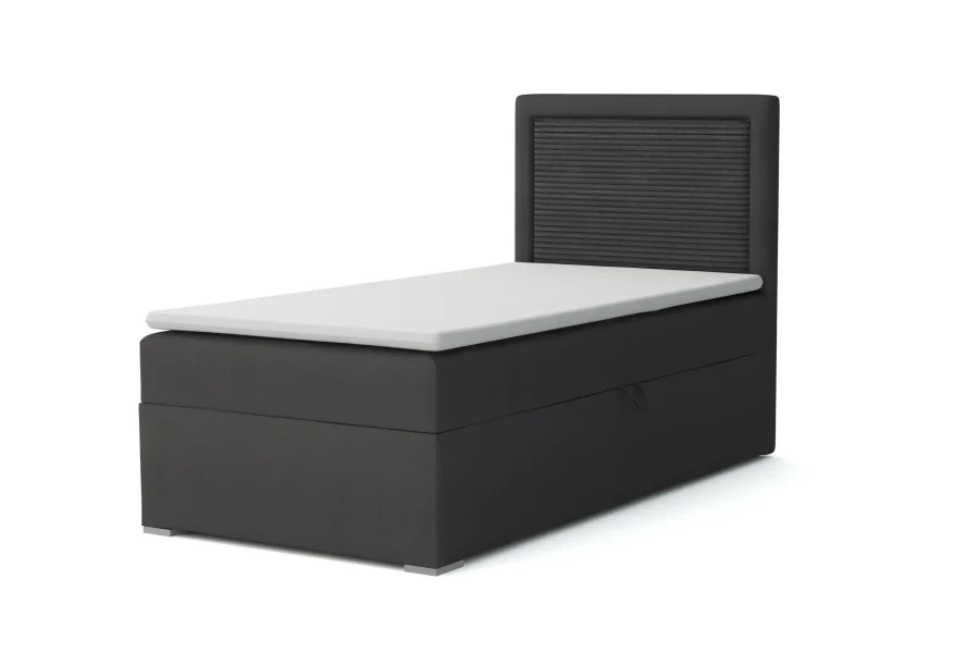 Seitenansicht eines schwarzen Boxspringbetts mit minimalistischem Design.