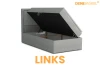 Graues Boxspringbett mit geöffnetem Bettkasten, seitliche Öffnung links.
