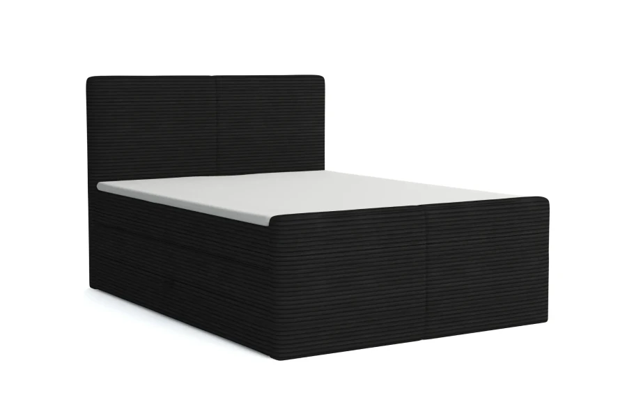 Modernes schwarzes Boxspringbett in eleganter Cord-Optik vor weißem Hintergrund.