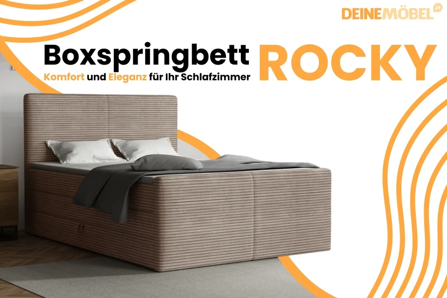 Beiges Boxspringbett Rocky im Schlafzimmer-Ambiente für Komfort und Eleganz.